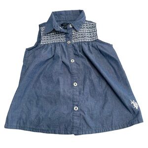 U.S. Polo Assn. Girls Chambray Sleeveless Button-Front Top Embroidered Size 6